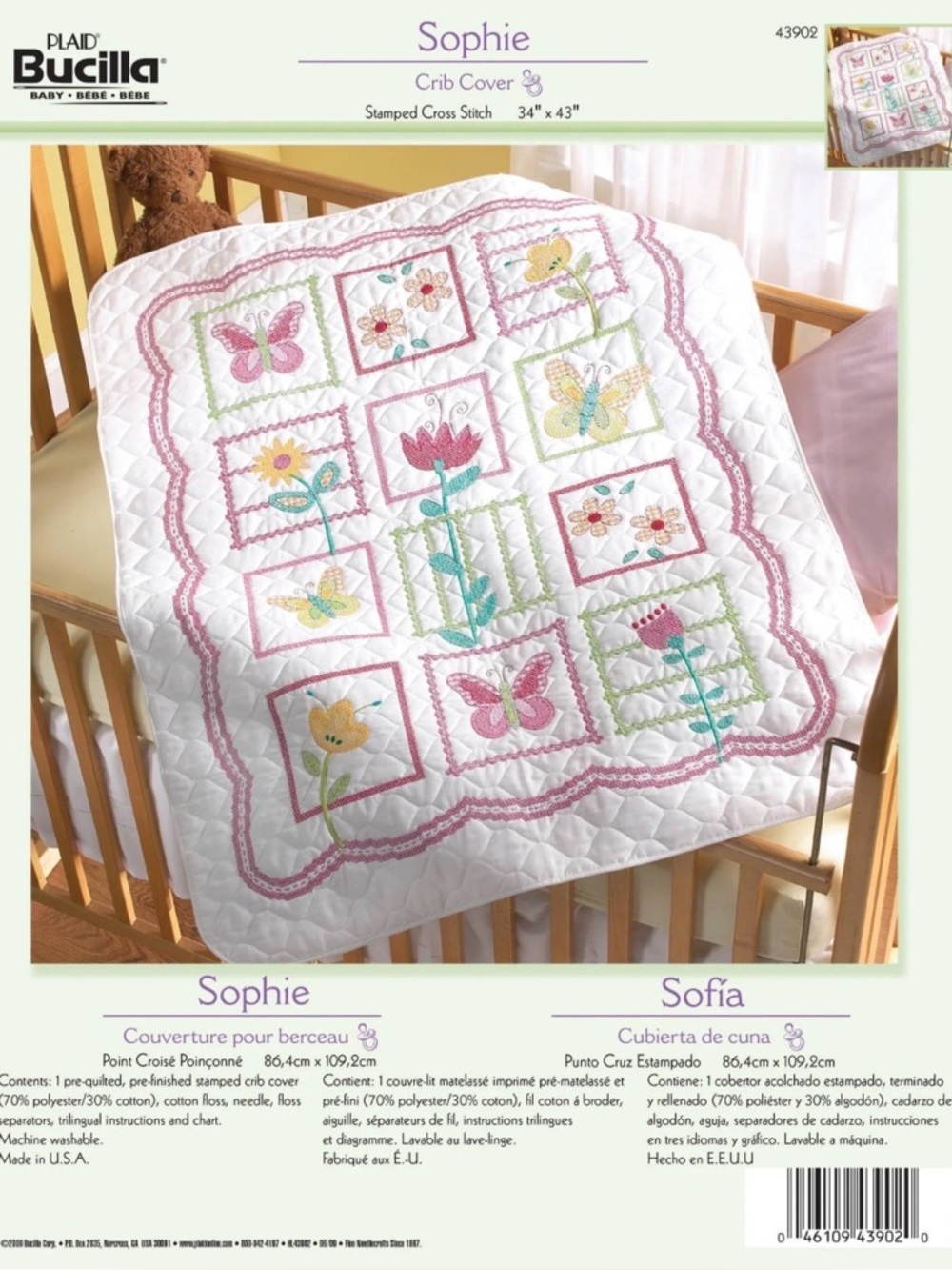 Bucilla "Sophie" Flowers and Butterflies Stamped Cross Stitch Crib Cover Kit - Picture 1 of 10